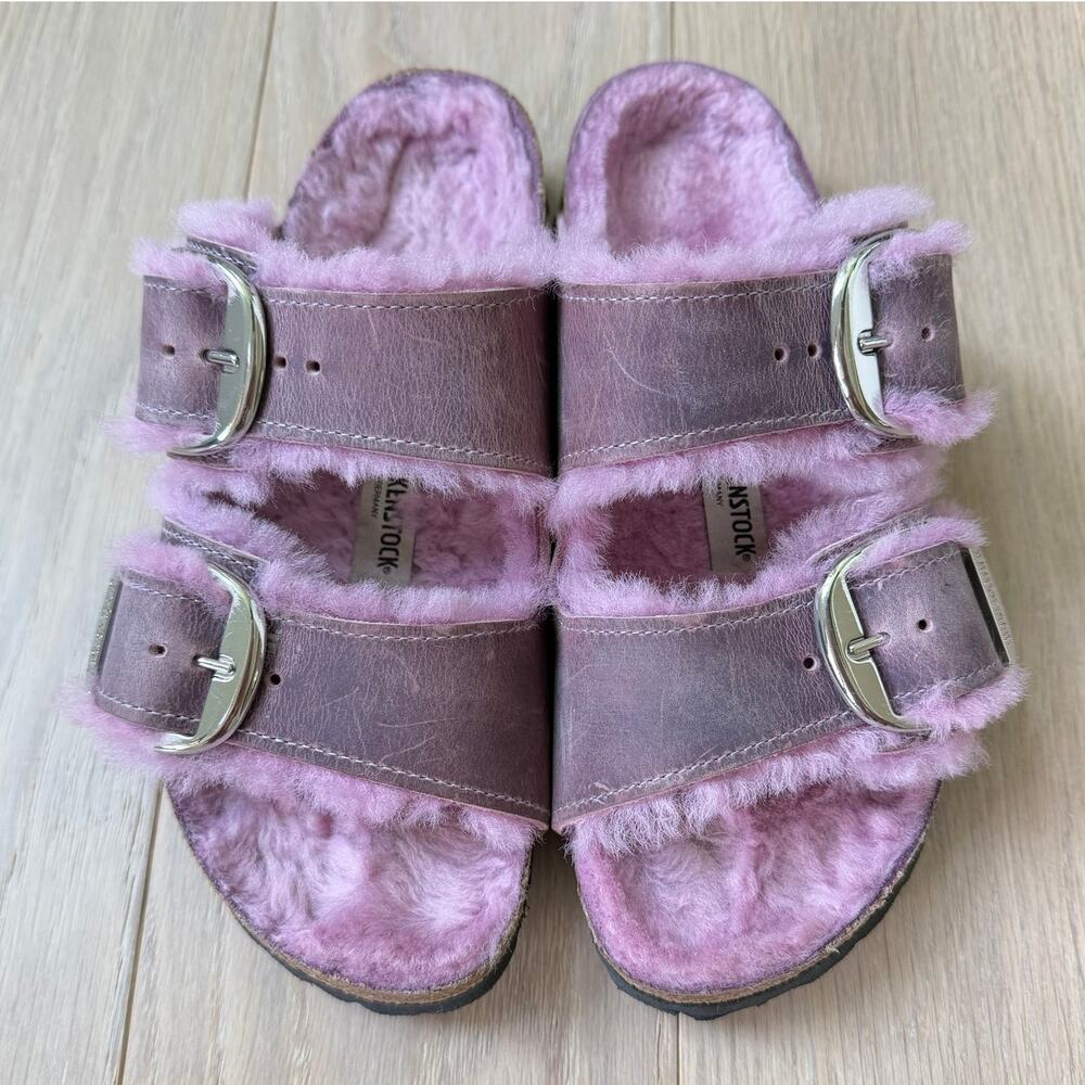 Birkenstock Arizona Big Buckle Shearling Sandals Lavender Oiled Leather Size 36